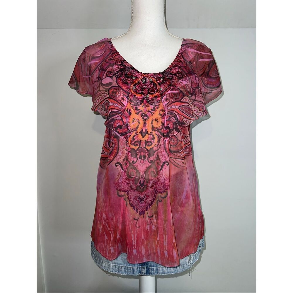 Y2K 2000s Floral Print Lettuce Cap Sleeve Whimsy Fairy Grunge Boho Top SMALL